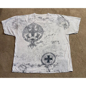 VTG White MMA Elite Aop Graphic T Shirt Mens 2XL Grunge Y2K Cross Skull Print